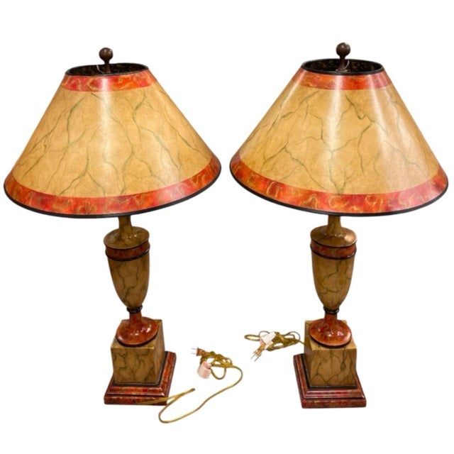 Vintage Neoclassical Faux Marble Painted Wooden Table Lamps With Matching Shades - a Pair For Sale - Image 4 of 12