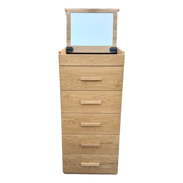 Contemporary Modern Tall Oak Dresser With Lift-Up Mirror For Sale