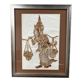Vintage Framed Thai Temple Rubbing on Rice Paper Artwork For Sale