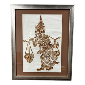 Vintage Framed Thai Temple Rubbing on Rice Paper Artwork