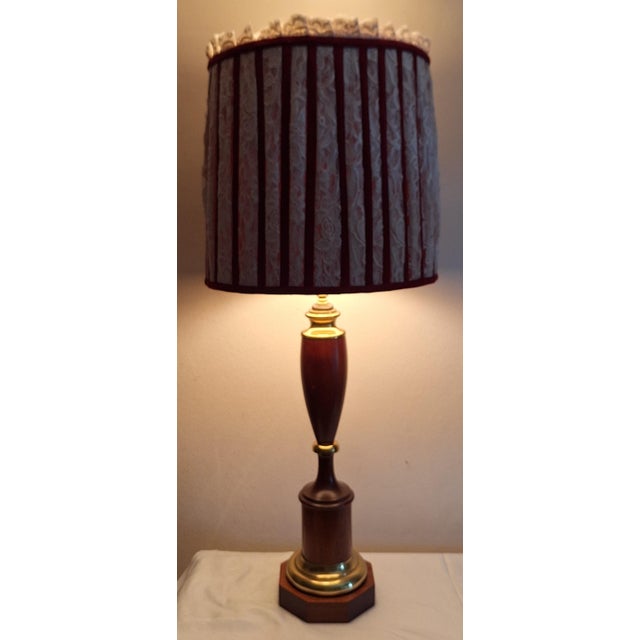 Large Vintage Table Lamp with Mahogany Base, Brass Trim and Fabric Shade, 1970s For Sale - Image 9 of 9