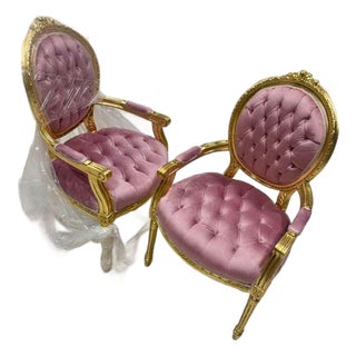 Baroque Pink Velvet Chair Set With Gold Leaf Details For Sale