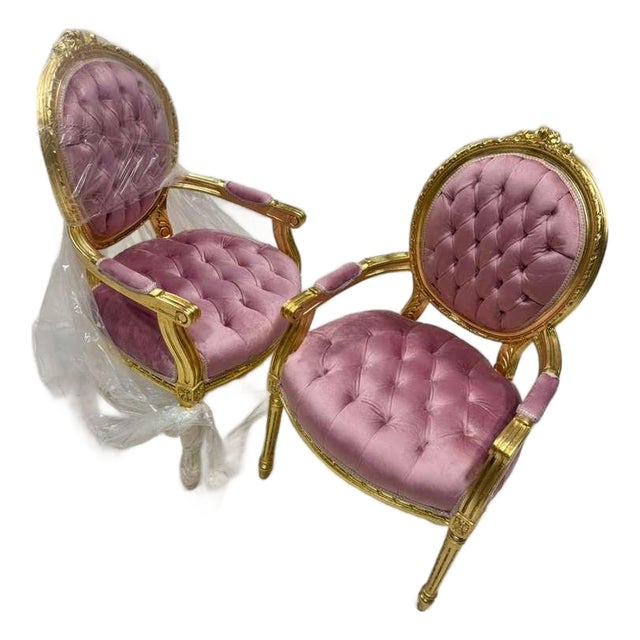 Baroque Pink Velvet Chair Set With Gold Leaf Details For Sale