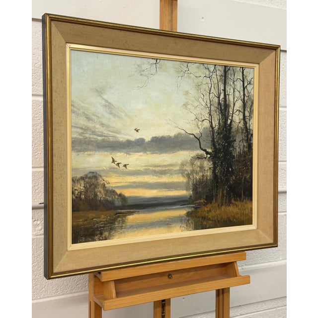 Goldenrod Winter Evening Ducks Flying over Water - English Countryside Vintage British Art 1979 For Sale - Image 8 of 15