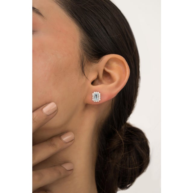 Modern 1.14ct Emerald Cut Aquamarine & Diamond Halo Stud Earrings in 14k White Gold- A Pair For Sale - Image 3 of 15