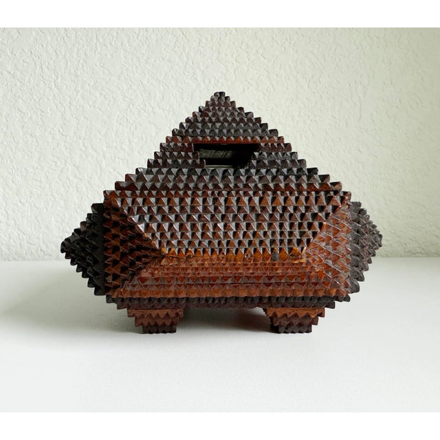 American Antique Tramp Art Pyramid Footed Box, Early 20th Century For Sale - Image 3 of 12