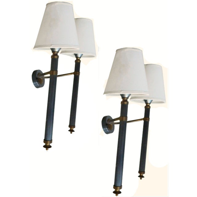 Pair of 2 arms Sconces, Paris, France, C.1960's. 2 patina brass sconces with paper shades. Wired for US and in working...