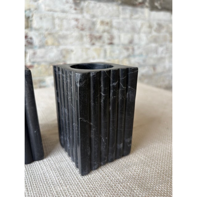 Set of 2 Fluted Black Marble Tea Light Holders For Sale - Image 4 of 5