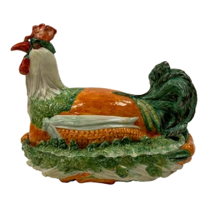 Italian Ceramic Majolica Rooster and Vegetable Tureen