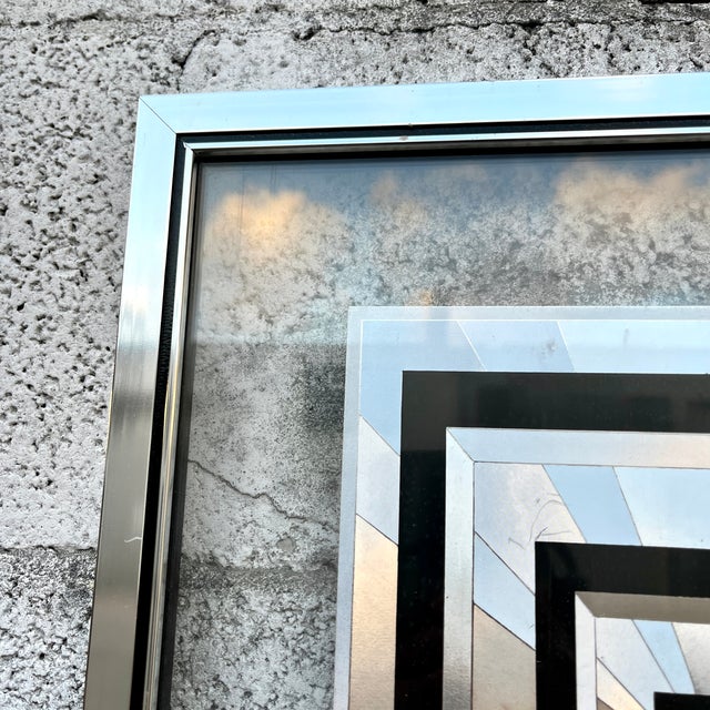 Silver Vintage 1970s Op-Art Geometric Black and Silver Foil Framed Print. For Sale - Image 8 of 15