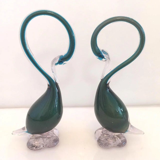 Mid-Century Modern Vintage Murano Glass Swans in Teal Blue & Green - a Pair For Sale - Image 3 of 5
