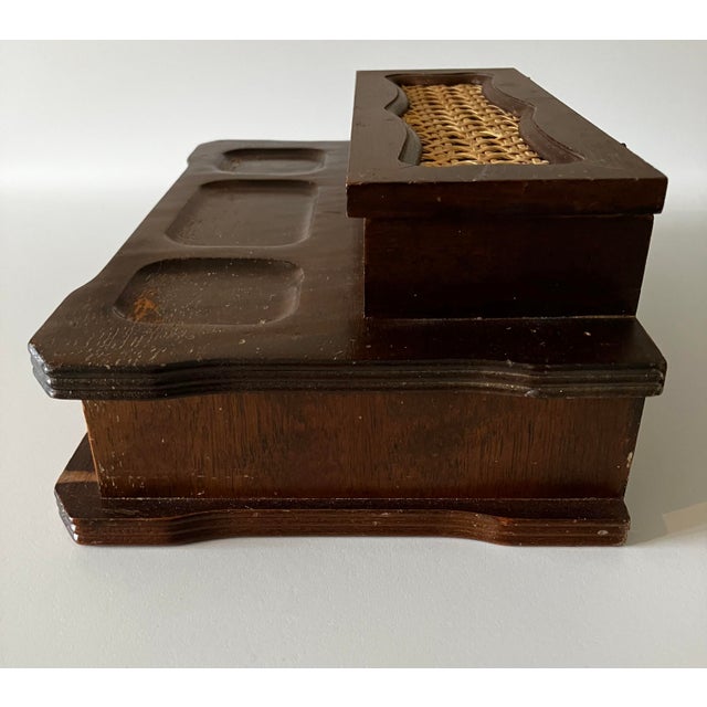 20th C. Mid-Century Modern Wooden Valet Jewelry Box With Woven Cane Top & Drawer For Sale - Image 4 of 18