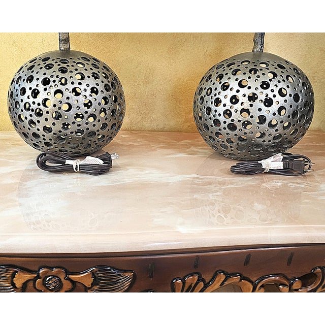 Pair of Pierced Pewter Globe Table Lamps With Shades For Sale - Image 16 of 18