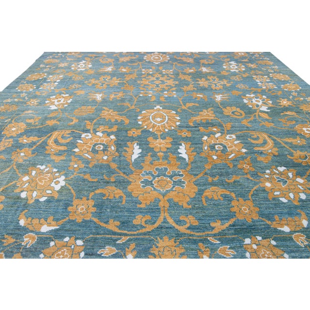Tribal Modern Oversize Oushak Blue Handmade Tribal Floral Wool Rug For Sale - Image 3 of 10