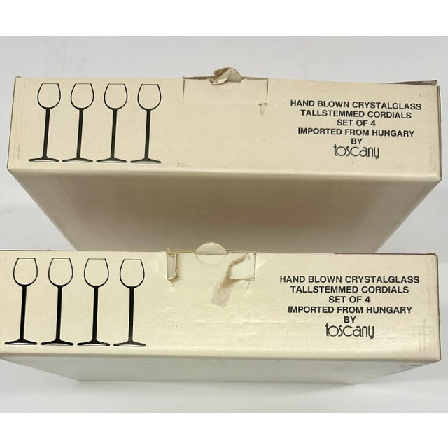 Boxed Set of 8 hand blown tallstemmed crystal glass set. New old stock NoS Imported from Hungary by Toscany. This set of...