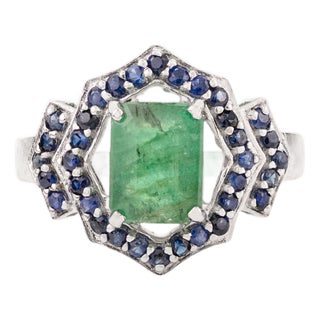Vintage Art Deco Octagon-Cut Emerald & Sapphire Sterling Silver Ring Wedding Gift - Size 7 For Sale