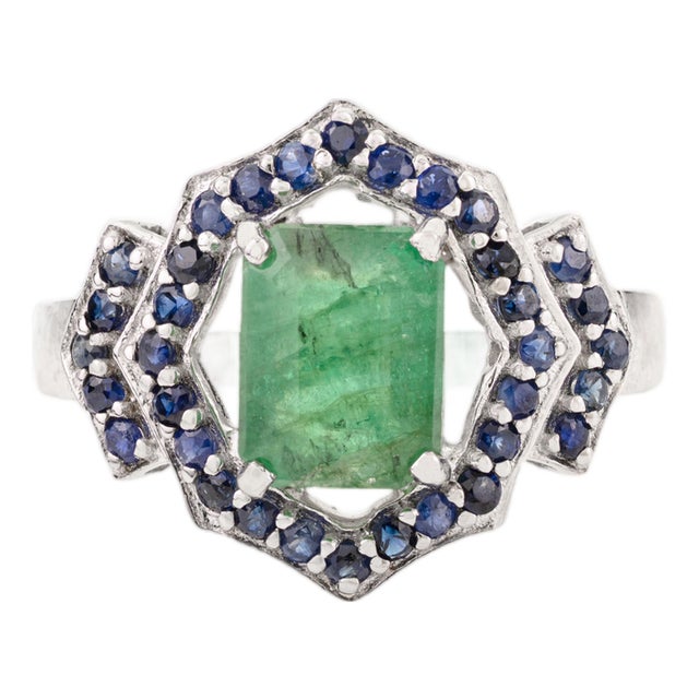 Vintage Art Deco Octagon-Cut Emerald & Sapphire Sterling Silver Ring Wedding Gift - Size 7 For Sale