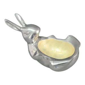 Vintage Polished Aluminum Whimsical Bunny Rabbit Pearl Coated Trinket Holder Candy Dish