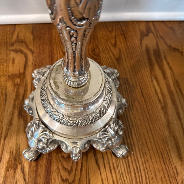 Pair of Ornate Rococo-Style Silver-Plated 5-Arm Candelabras With Epergne Bowl For Sale - Image 11 of 12