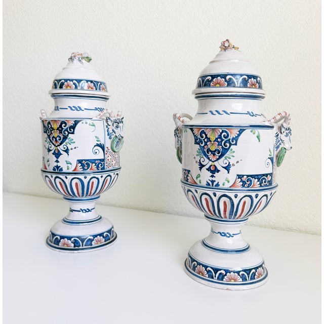 Ceramic Pair of Mid-Century French Hand Painted Faience Urns With Ram Head Handles For Sale - Image 7 of 18