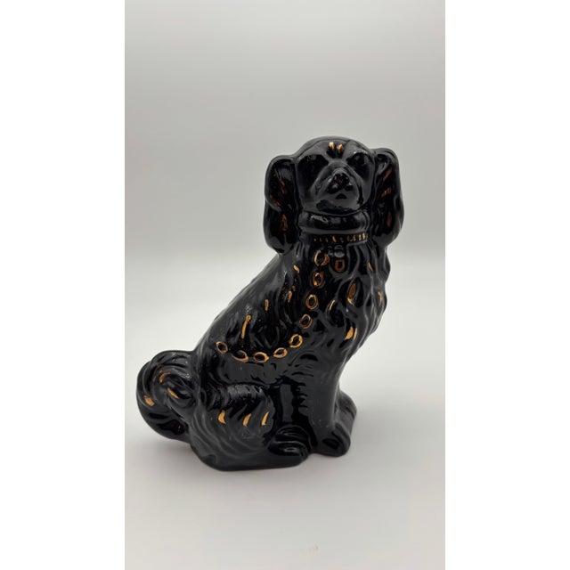 English Antique Staffordshire Jackfield Black Spaniel Dogs Pair Gold Gilt c.1900 10.5” For Sale - Image 3 of 6