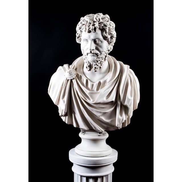 Marble Bust and Pedestal Depicting Roman Emperor Lucius Versus, Set of 2 For Sale - Image 3 of 18