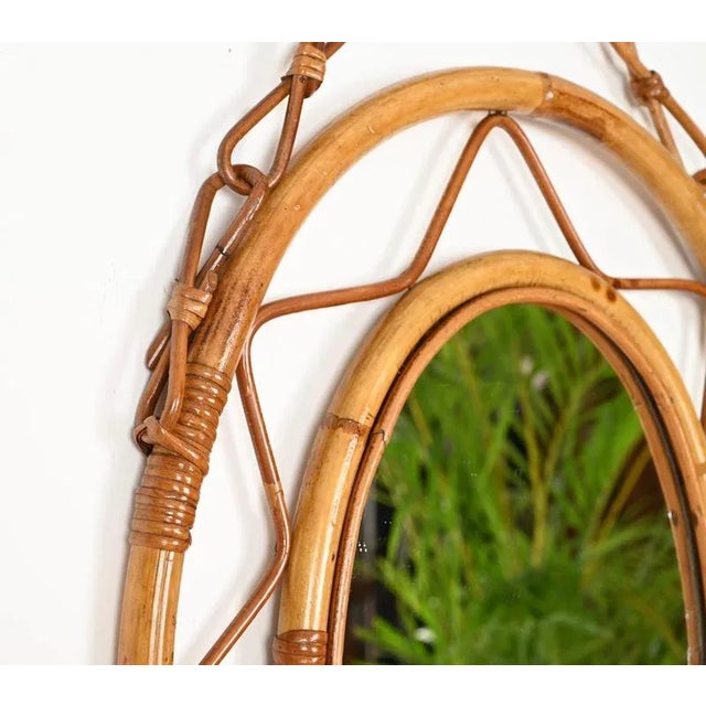 Mid-Century Italian Oval Mirror with Chain in Curved Bamboo and Wicker, 1970s For Sale - Image 6 of 12