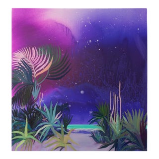 "Playa Maya" by Javiera Da Fonseca Ilić, Mexico Tropical Beach, Palm Trees Caribbean Coastline, Colorful Jungle Landscape, Original Oil Painting For Sale