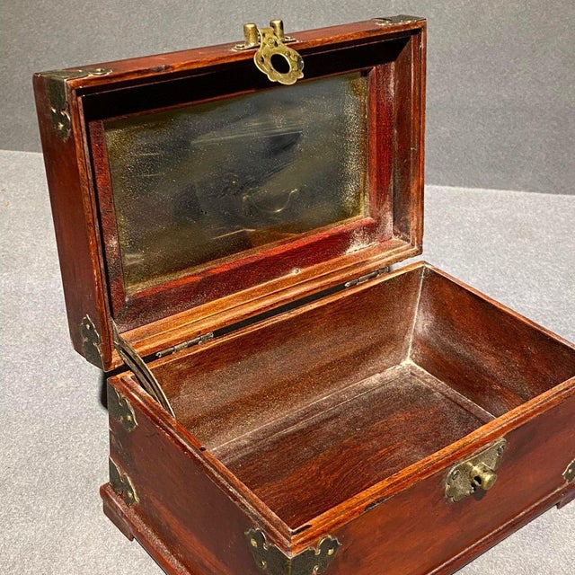 Rosewood Jewelry Box With Brass Mounts & Jade Cabochons – Chinoiserie Decor For Sale - Image 9 of 10