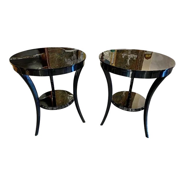 Stylish pair of Art Deco style piano black side tables. Exceptional finish and gorgeous lines on these. Perfect for an...