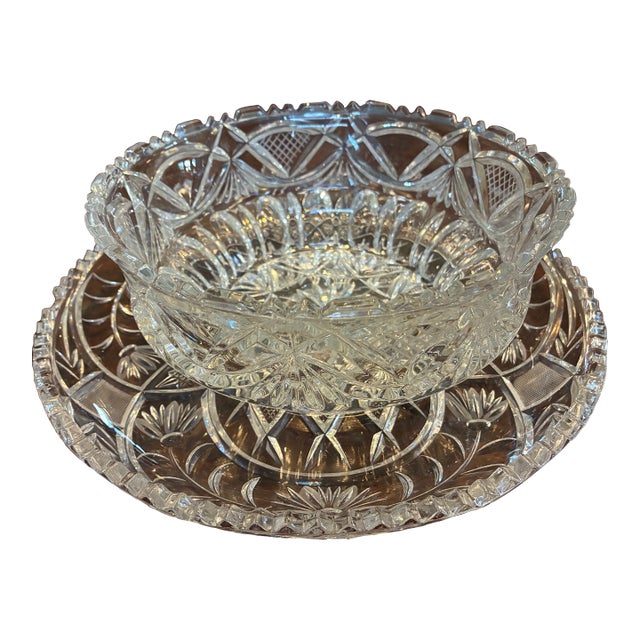 Mid 20th Century Lead Crystal Bowl With Matching Round Tray Underneath For Sale