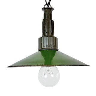 Industrial Green Enamel Military Pendant Lamp with Cast Aluminium Top, 1960s For Sale
