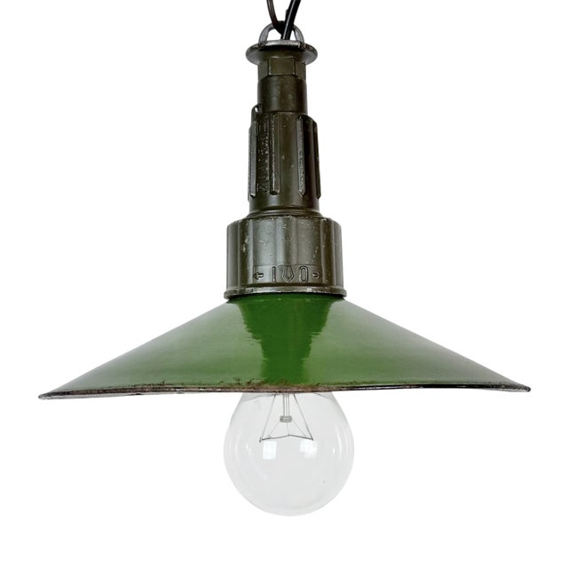 Industrial Green Enamel Military Pendant Lamp with Cast Aluminium Top, 1960s For Sale