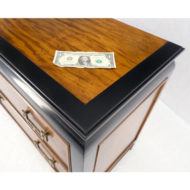 Pair Burl Wood Black Lacquer Solid Brass Drop Pull 2 Drawer Night Stands MINT! For Sale - Image 13 of 16