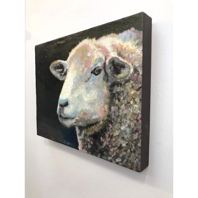 Abstract Guinness by Carrie Goller | Oil and cold wax on wood panel Sheep portrait on dark background For Sale - Image 3 of 5