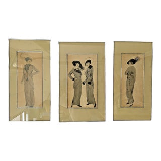 1913 Triptych Original Fashion Drawings/Gauche Paintings, Julia Wall, Set of 3 For Sale