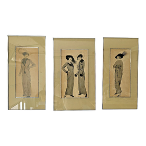 1913 Triptych Original Fashion Drawings/Gauche Paintings, Julia Wall, Set of 3