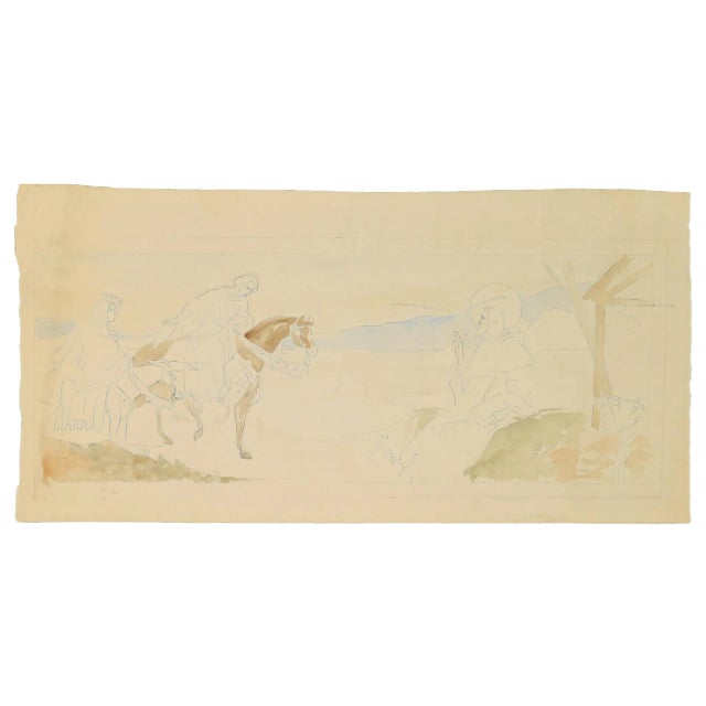 Georges-Henri Tribout, Marie and Joseph on Horseback, Drawing, Early 20th Century For Sale