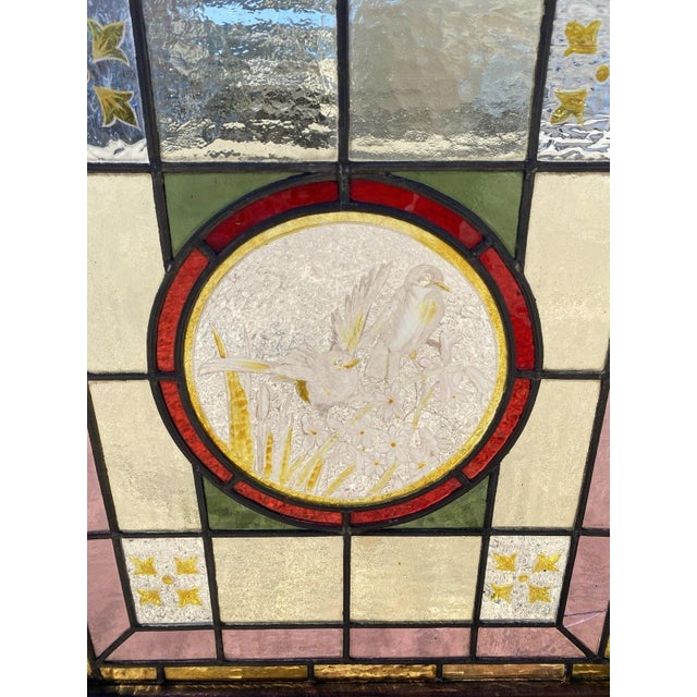 Antique French Art Nouveau Stained Leaded Glass Windows With Birds - A Pair For Sale - Image 4 of 12