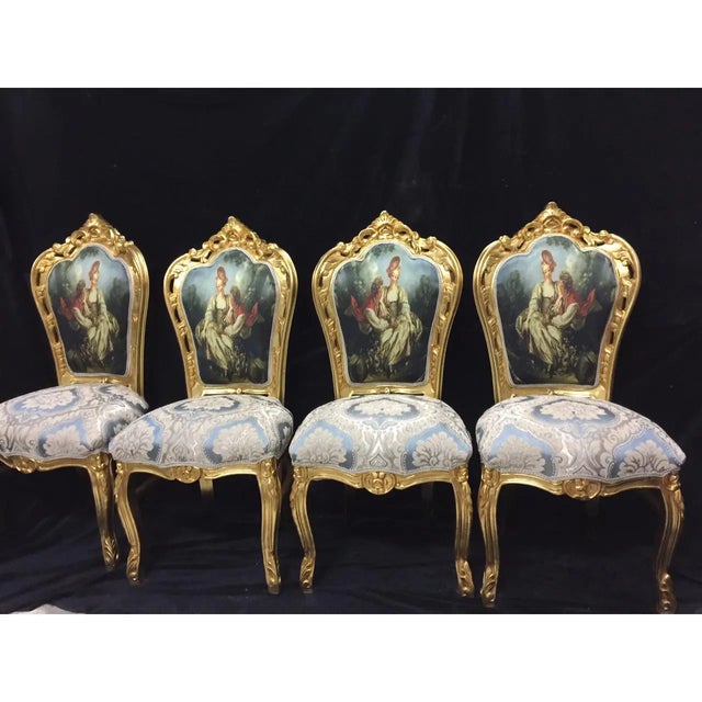 Late 20th Century French Louis XVI Dining Chairs in Damask and Scenery