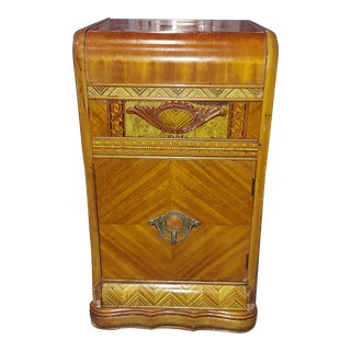 1930s Art Deco Waterfall Top Emblem Nightstand For Sale