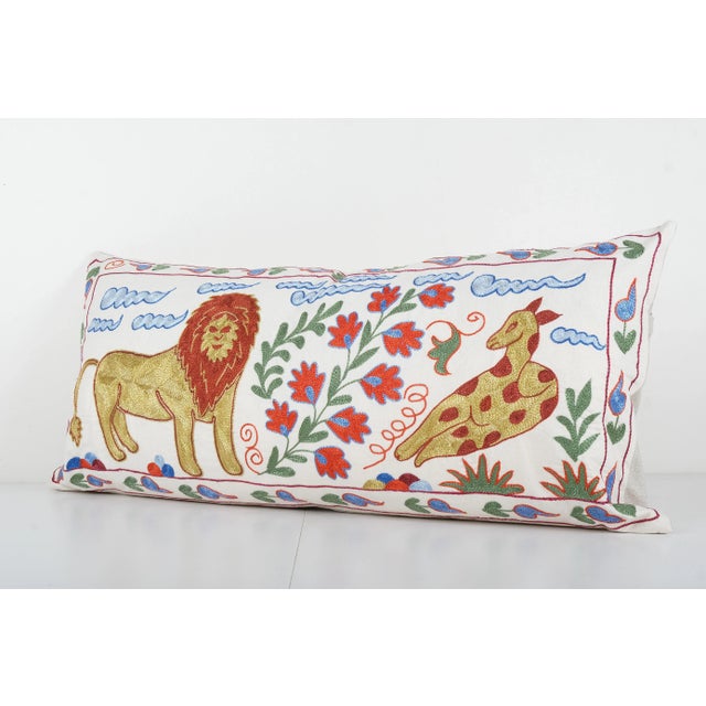 Mid-Century Modern Suzani Lion Pictorial Cushion Cover 17'' X 38'' For Sale - Image 3 of 4