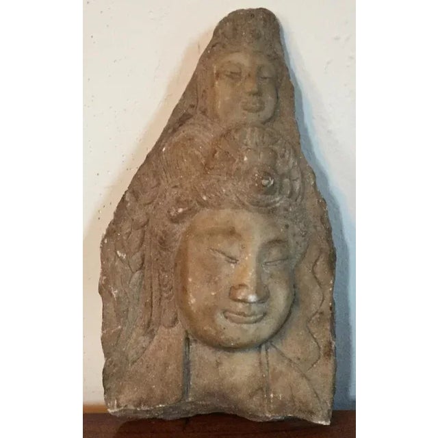 19th Century 19th Century Carved Stone Fragment Statue Plaque of a Double Buddha Head Bust For Sale - Image 5 of 11