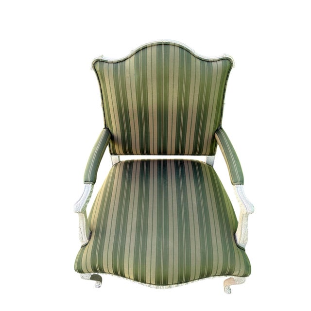 Quick Hits: Late 20th-century Louis XVI–style bergère chair Intricately carved wood frame in a painted ivory finish Green...