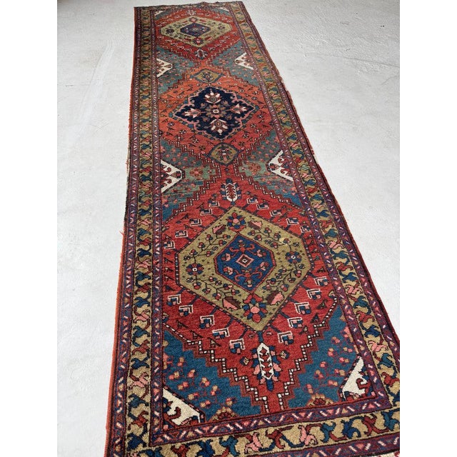 Antique Heriz Runner Lake Blue Rug 3 x 10.2 For Sale - Image 9 of 12