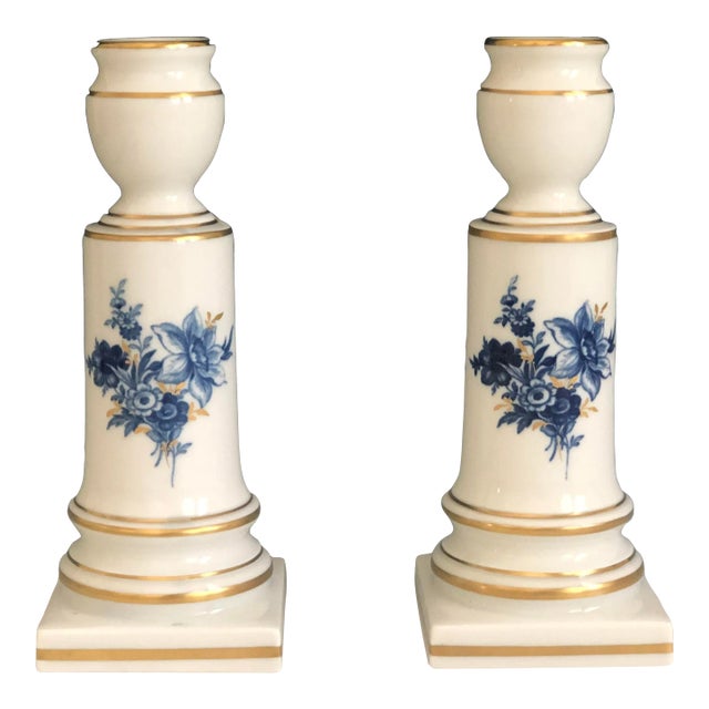 Pair of Meissen Porcelain Aquatinta Candlesticks Flower Insect Decor Gold Accent For Sale
