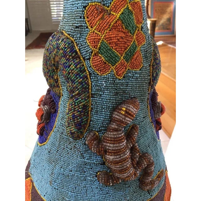 Yoruba Beaded Headdress Crown, Antique Art on Lucite Stand For Sale - Image 4 of 12