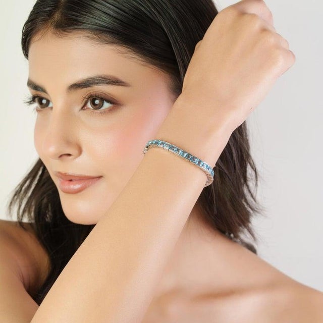 Natural 22.35 Carat Blue Topaz Sterling Silver Tennis Bracelet- Anniversary Present For Sale - Image 4 of 11