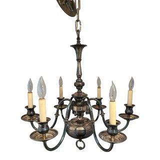 Vintage Six Arm Colonial Silver-Plated Chandelier For Sale