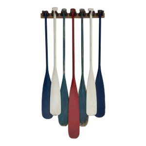 Red, White & Blue Vintage Canoe Paddles, Set of 7 With Holder